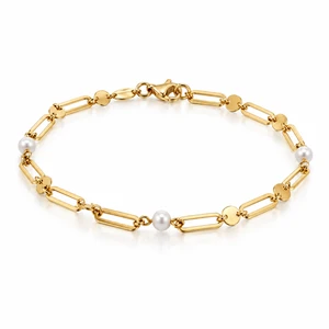 Italian 10K Yellow Gold 3.5 mm Freshwater Pearl Round and Oval Link Bracelet 7.5 in [B098]