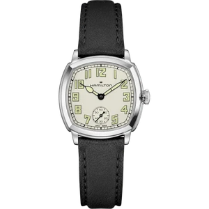 Hamilton American Classic Cushion Small Second Mechanical H36109720 with beige dial, stainless steel cushion case and black leather strap.