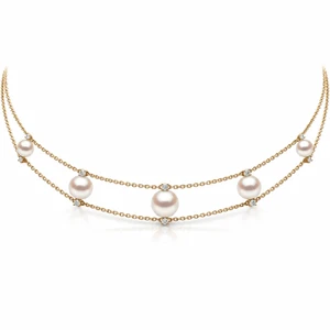 14K Yellow Gold Graduated Pearl & Lab Diamond Double-Chain Necklace 16–18″ [TRYKM-14CPLG]