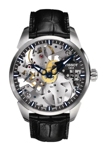 Front view of the Tissot T-Complication Skeleton T070.405.16.411.00 with its fully openworked hand-wound movement.
