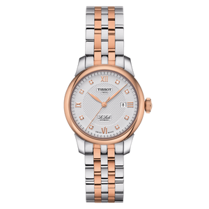 Front view: Tissot Le Locle Automatic Lady T006.207.22.036.00 with silver dial, diamond markers and two-tone rose-gold PVD bracelet.
 Front view: Tissot Le Locle Automatic Lady T006.207.22.036.00 with silver dial, diamond markers and two-tone rose-gold PVD bracelet.