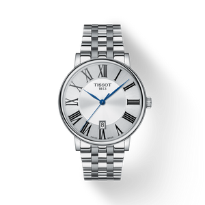 Tissot Carson Premium 40 mm front view silver dial stainless steel bracelet
