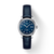 Front view: Tissot Le Locle Automatic Lady T006.207.16.046.00 with blue dial and diamond markers, on leather strap.