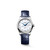 Longines Master Collection L2.449.4.87.2 30mm automatic watch with white mother-of-pearl dial, diamond hour markers and blue alligator leather strap.