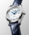 Longines Master Collection L2.449.4.87.2 30mm automatic watch with white mother-of-pearl dial, diamond hour markers and blue alligator leather strap.