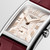 Longines DolceVita L5.512.4.28.2 Swiss Made quartz watch with pink ivory flinqué dial, rose-gold-coloured Roman numerals, rectangular stainless steel case, and maple red alligator leather strap.