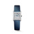 Longines Mini DolceVita L5.200.4.87.2 Swiss Made quartz watch with a snow-set white mother-of-pearl dial, diamond hour markers, rectangular stainless steel case, and blue leather strap.