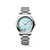 Longines Conquest L3.460.4.92.6 Swiss Made 34 mm quartz watch with a mint blue sandblasted dial, stainless steel case, and stainless steel bracelet.