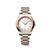 Longines Conquest L3.460.3.18.7 Swiss Made 34 mm quartz watch with a white sandblasted dial, stainless steel case with rose gold PVD bezel, and stainless steel bracelet with rose gold PVD centre links.
