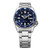 Seiko 5 Sports SKX SRPL77 38mm automatic watch with navy blue dial, blue unidirectional rotating bezel, stainless steel case and stainless steel bracelet.