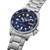 Seiko 5 Sports SKX SRPL77 38mm automatic watch with navy blue dial, blue unidirectional rotating bezel, stainless steel case and stainless steel bracelet.