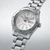 Seiko 5 Sports Field HDB007 41mm automatic watch with glossy silver-white dial, Arabic numerals, rotating compass bezel, stainless steel case and stainless steel bracelet.