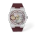 Front view of the Tissot PRX Skeleton Damian Lillard T137.405.17.371.00 with burgundy openworked dial and rubber strap.
