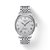 Front View: Tissot Le Locle Powermatic 80 39.3 mm with silver guilloché dial and stainless-steel integrated bracelet.