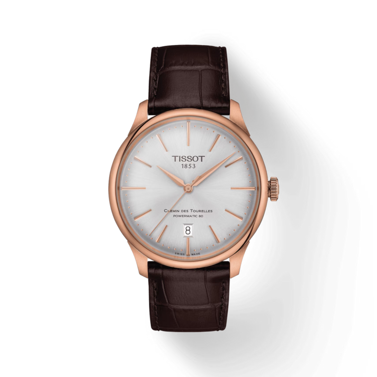 TISSOT CHEMIN DES TOURELLES POWERMATIC 80 39 MM ROSE PVD | SILVER DIAL | BROWN STRAP