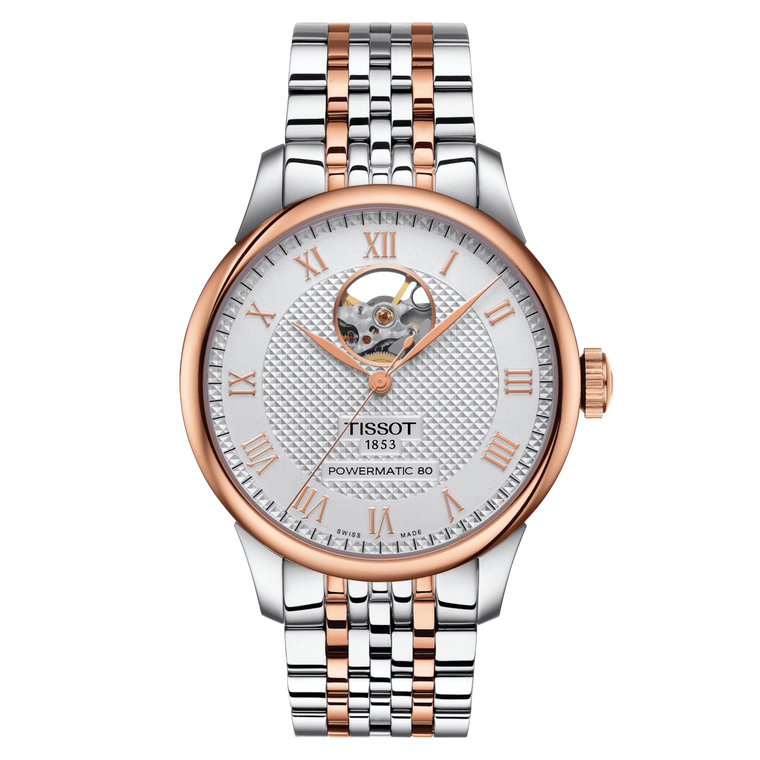 Front view: Tissot Le Locle Open Heart T006.407.22.033.02 with silver dial and open-heart aperture, two-tone steel & rose-gold PVD bracelet.