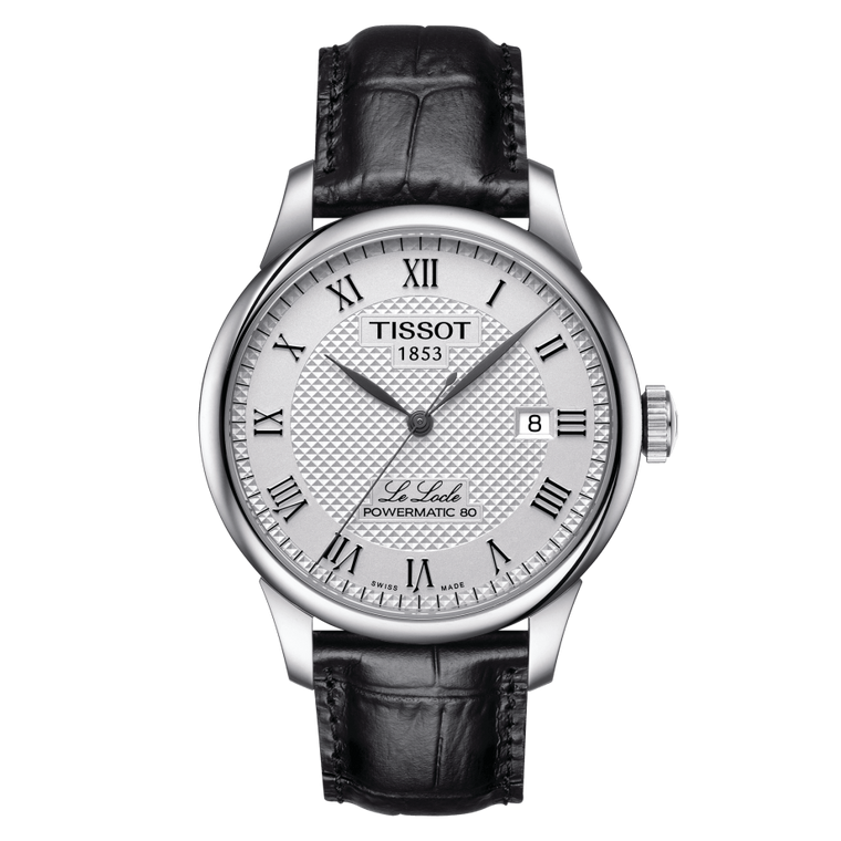 Front View: Tissot Le Locle Powermatic 80 39.3 mm with silver guilloché dial and black leather strap.