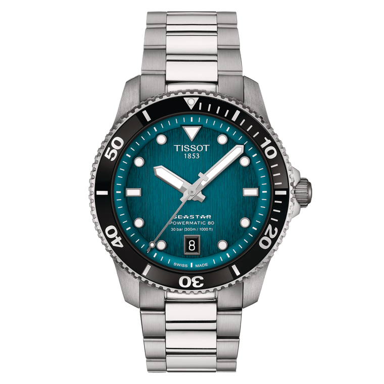 Front View: Tissot Seastar 1000 Powermatic 80 40 mm with graded turquoise-black dial and stainless-steel bracelet – Swiss automatic dive watch.
