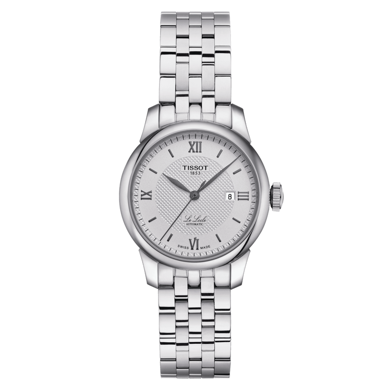 Front View: Tissot Le Locle Automatic Lady 29 mm with silver dial and stainless steel integrated bracelet.