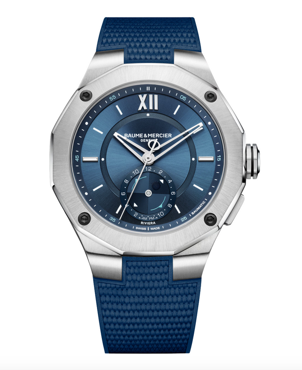 Baume & Mercier Riviera Tideograph 10761 front view — 43 mm steel dodecagonal case, vivid blue sun-ray dial with tide-indicator at 6 o’clock and Roman numerals.