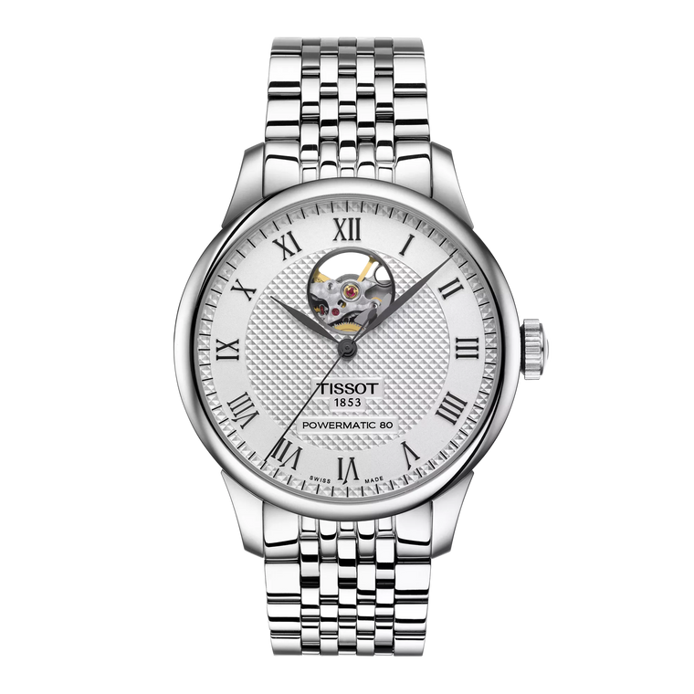 Front view: Tissot Le Locle Powermatic 80 Open Heart T006.407.11.033.02 with silver dial and open-heart aperture visible.