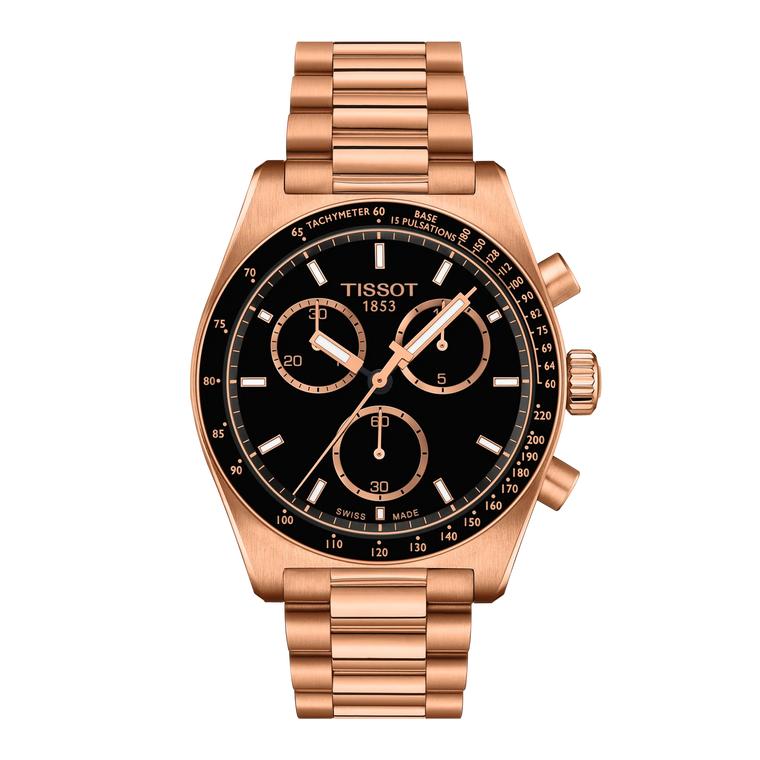 Front View: Tissot PR516 Quartz Chronograph 40 mm with black dial and rose gold PVD case and bracelet.
