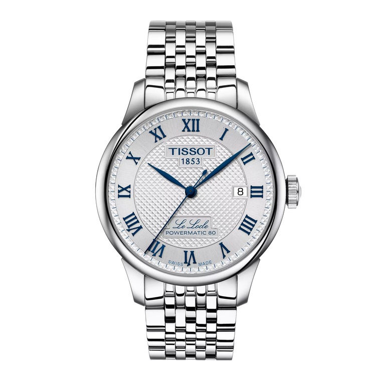 Front view: Tissot Le Locle Powermatic 80 20th Anniversary T006.407.11.033.03 with silver dial and stainless-steel bracelet.