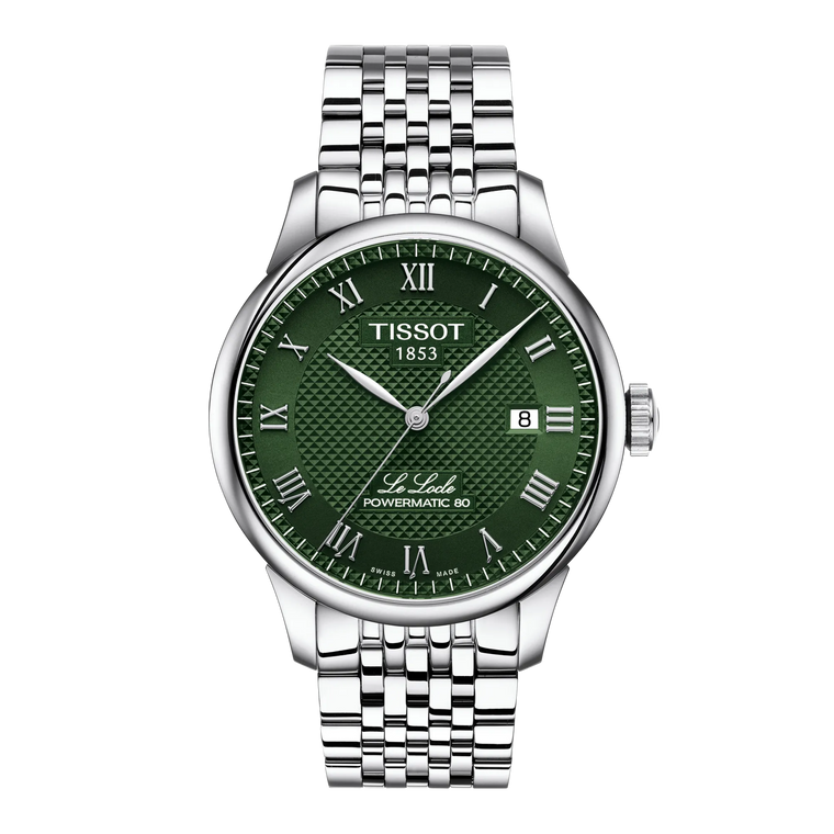 Front View: Tissot Le Locle Powermatic 80 39.3 mm with green guilloché dial and stainless-steel bracelet.