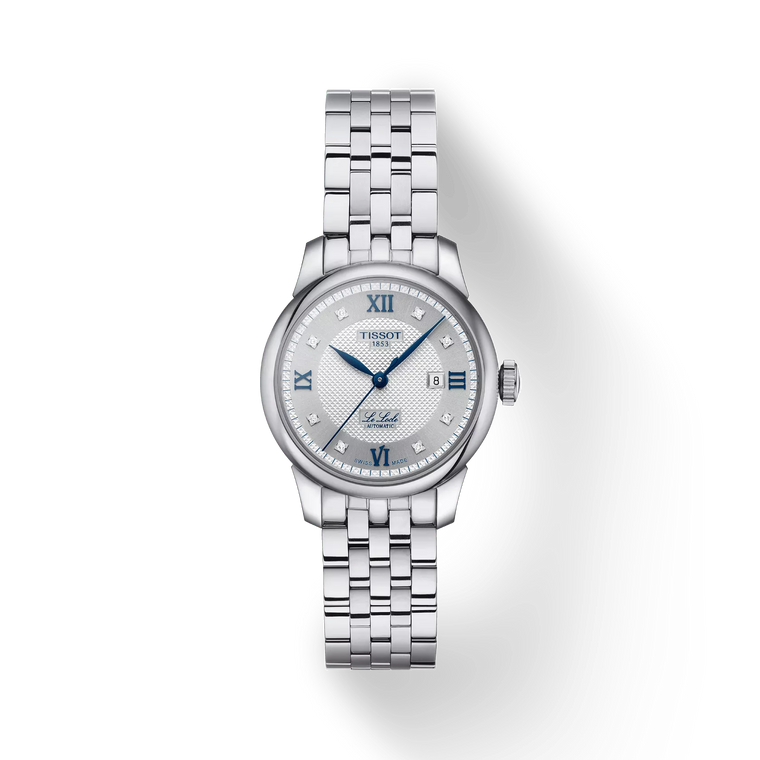 Front view: Tissot Le Locle Automatic Lady 20th Anniversary T006.207.11.036.01 with silver dial and diamond hour markers on stainless-steel bracelet.