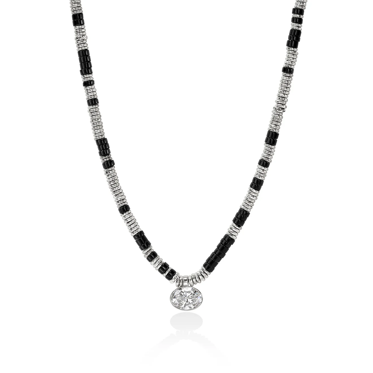 JH Lovestruck Heishi pendant necklace in sterling silver with black onyx beads and a 3.0 TCW lab-grown diamond, front view