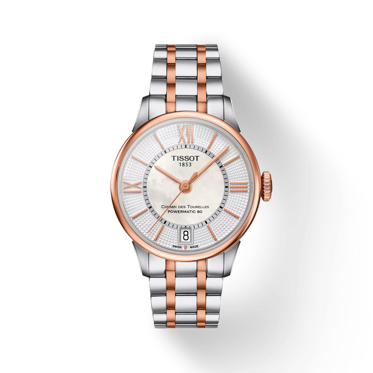 Tissot Chemin des Tourelles Powermatic 80 Lady T099.207.22.118.02 with white mother-of-pearl dial and rose-gold PVD steel bracelet.
