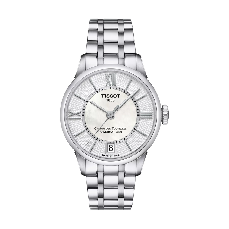 Front view: Tissot Chemin des Tourelles Powermatic 80 Lady T099.207.11.118.00 showing white mother-of-pearl dial and stainless-steel bracelet.

