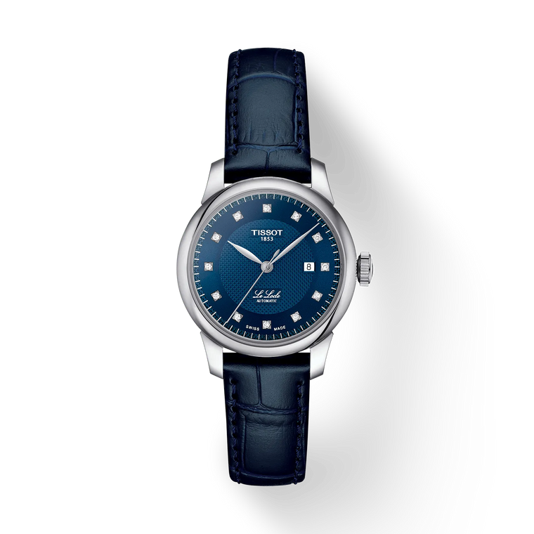 Front view: Tissot Le Locle Automatic Lady T006.207.16.046.00 with blue dial and diamond markers, on leather strap.