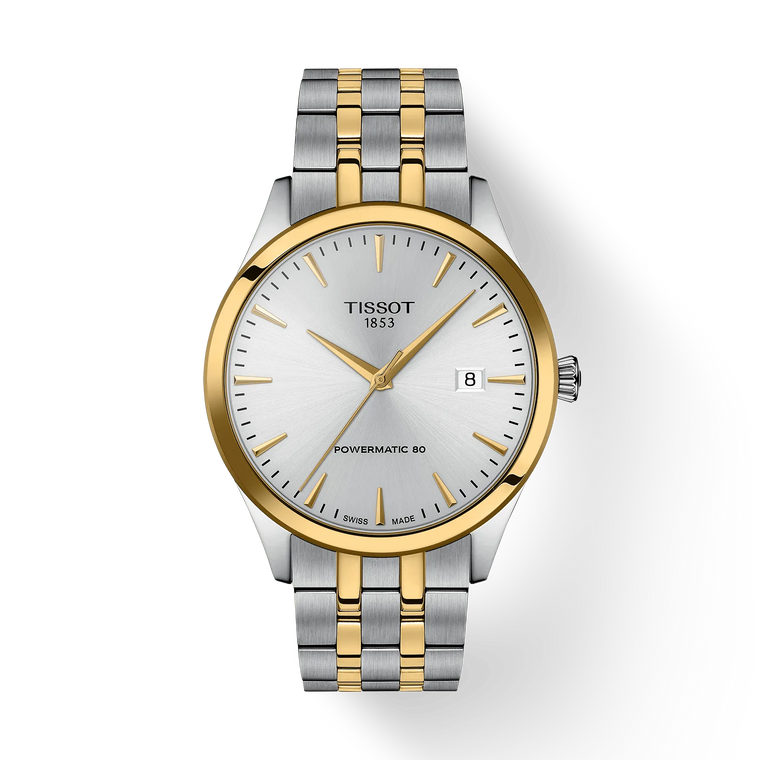 Front View: Tissot Classic Dream 40 mm with silver dial and two-tone stainless-steel and yellow-gold PVD finish.
