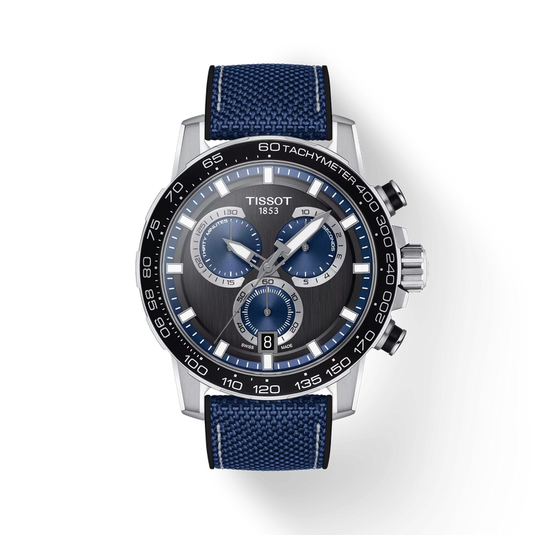 Front View: Tissot Supersport Chrono 45.5 mm with black dial and stainless-steel case & blue leather strap.
