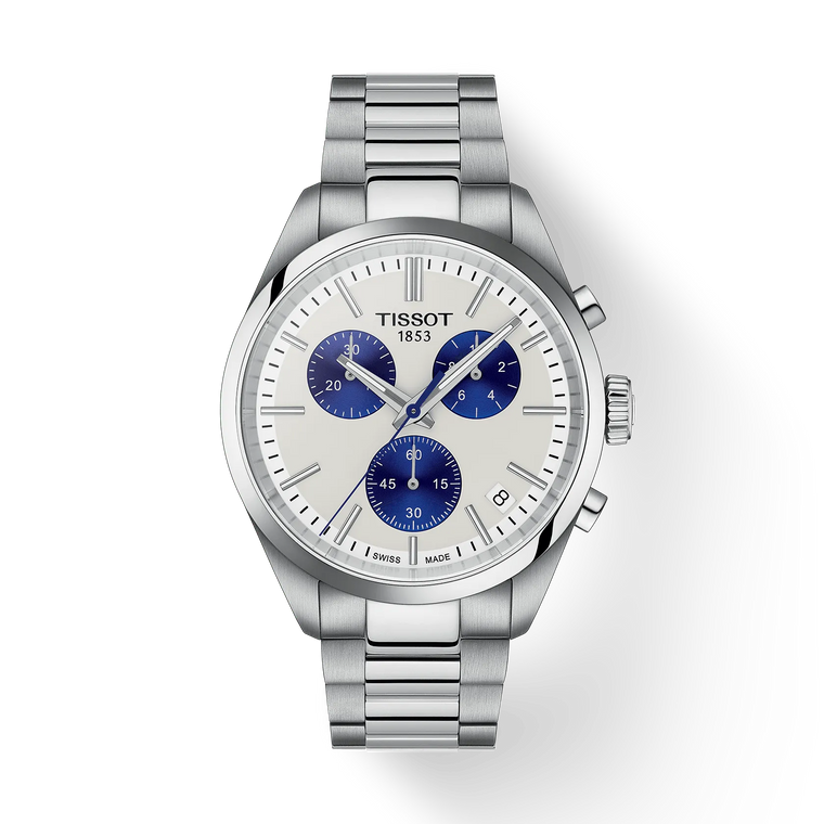 Front view showing silver dial with blue chronograph sub-dials and stainless-steel bracelet
