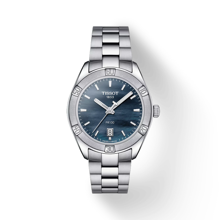 Front view of Tissot PR 100 Sport Chic 36 mm black mother-of-pearl dial stainless steel bracelet
