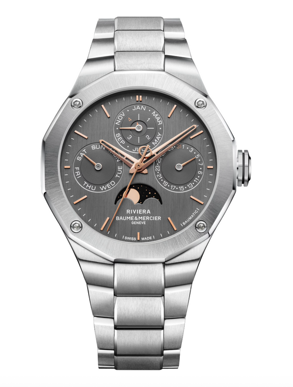 Front view of Baume & Mercier Riviera 10786 Perpetual Calendar with 40 mm steel case and grey vertical-brushed dial