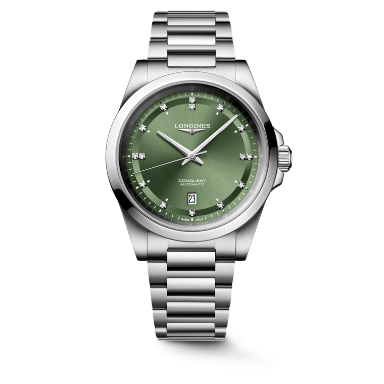 “Longines Conquest 41 mm green sun-ray dial front view on stainless steel bracelet.”