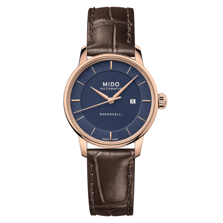 Mido Baroncelli Signature Lady 30 mm Blue Dial – Rose Gold PVD Case & Brown Leather Strap [M037.207.36.041.00]