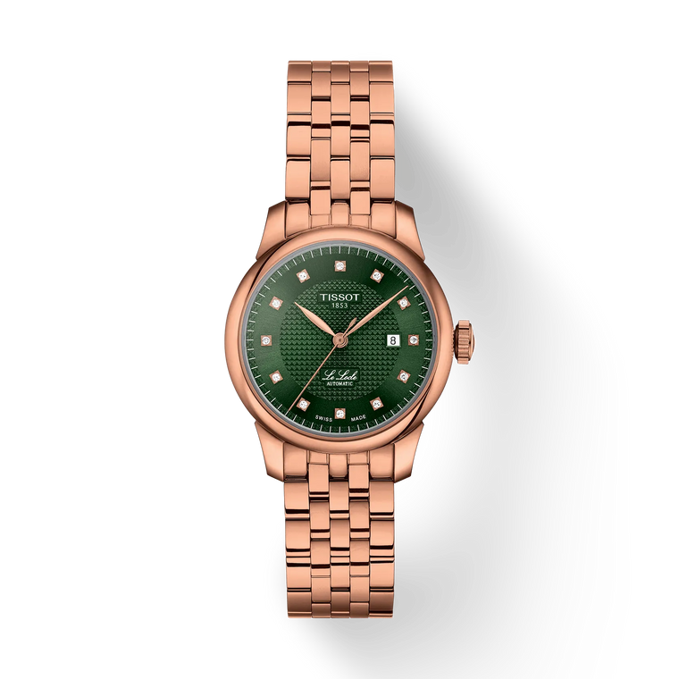 Tissot Le Locle 29 mm Green Guilloché Dial – Rose-Gold PVD Case & Bracelet [T006.207.33.096.00]