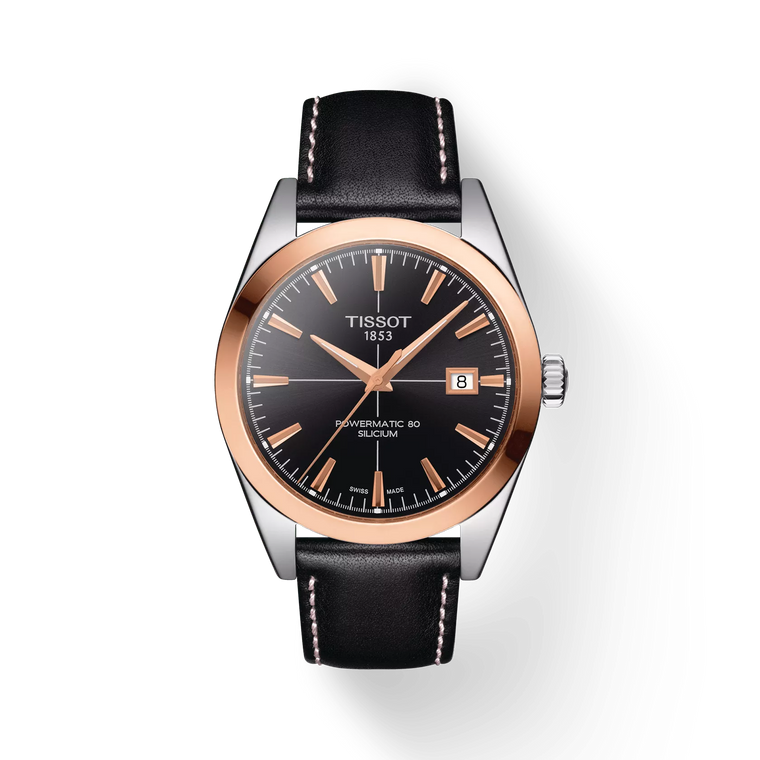 Tissot Gentleman Powermatic 80 Silicium 40 mm – Black Sunray Dial & 18K Rose-Gold Bezel with Black Leather Strap [T927.407.46.051.00]