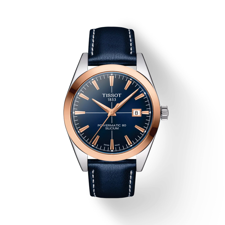 Tissot Gentleman 18K Rose Gold Bezel Blue Dial Blue Leather Strap 40 mm Automatic [T927.407.46.041.00]