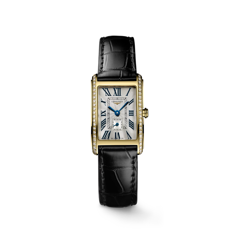 Longines DolceVita Quartz 20.5 × 32 mm Silver Flinqué Dial 18K Yellow Gold Diamond Bezel Black Alligator Strap [L5.255.7.71.0]