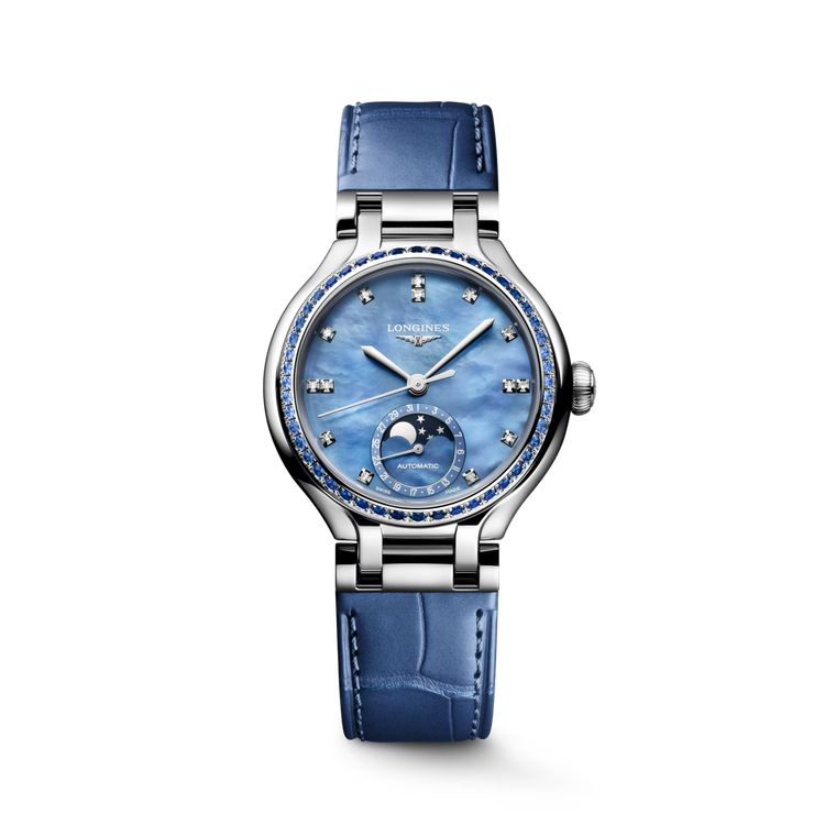Longines PrimaLuna Moonphase Automatic 34 mm Blue Mother-of-Pearl Dial Stainless Steel Case Blue Alligator Strap [L8.126.0.97.2]