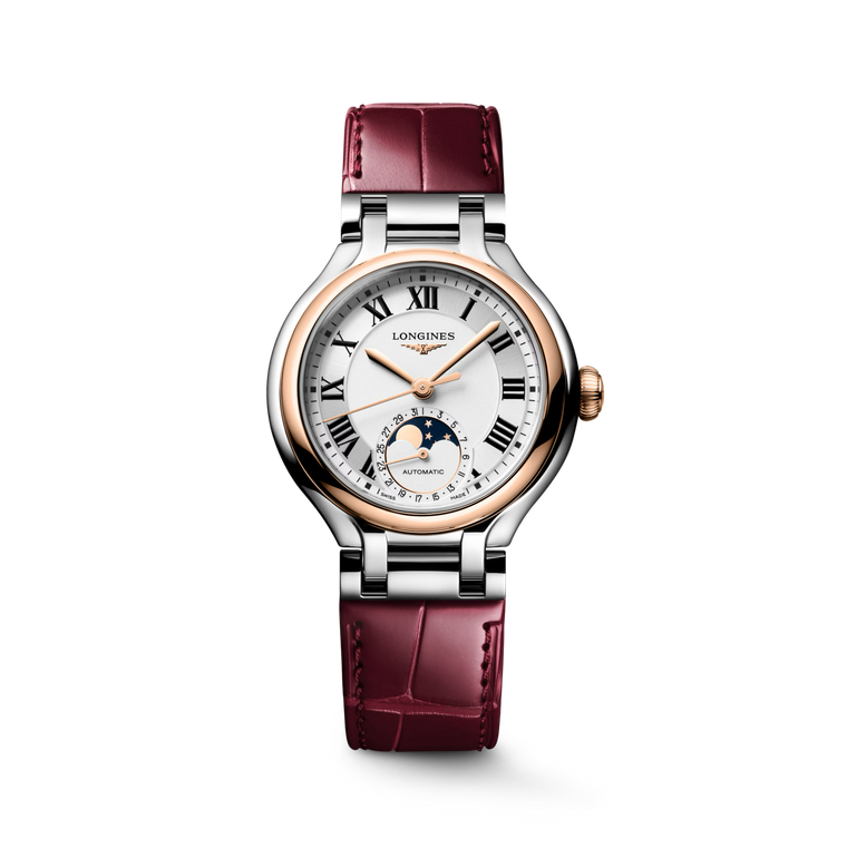Longines PrimaLuna Moonphase Automatic 34 mm Ivory Dial Steel & 18K Rose Gold Bordeaux Alligator Strap [L8.126.5.71.2]