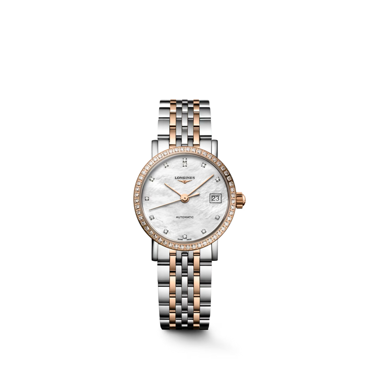 Longines Elegant Collection Automatic 25.5 mm White Mother-of-Pearl Diamond Dial Steel & 18K Rose Gold Bracelet [L4.309.5.81.7]