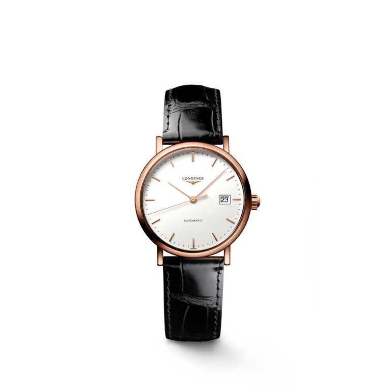 Longines Elegant Collection Automatic 27.20 mm White Matt Dial 18K Rose Gold & Black Alligator Strap [L4.378.8.12.4]