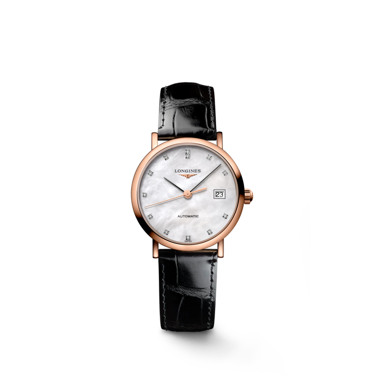 Longines Elegant Collection Automatic 27.20 mm White Mother-of-Pearl Diamond Dial 18K Rose Gold Case Black Alligator Strap [L4.378.8.87.4]
