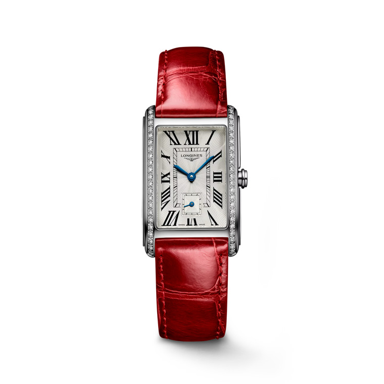 Longines DolceVita Quartz 23.30 × 37 mm Silver Flinqué Diamond Dial Stainless Steel Case Red Alligator Strap [L5.512.0.71.5]